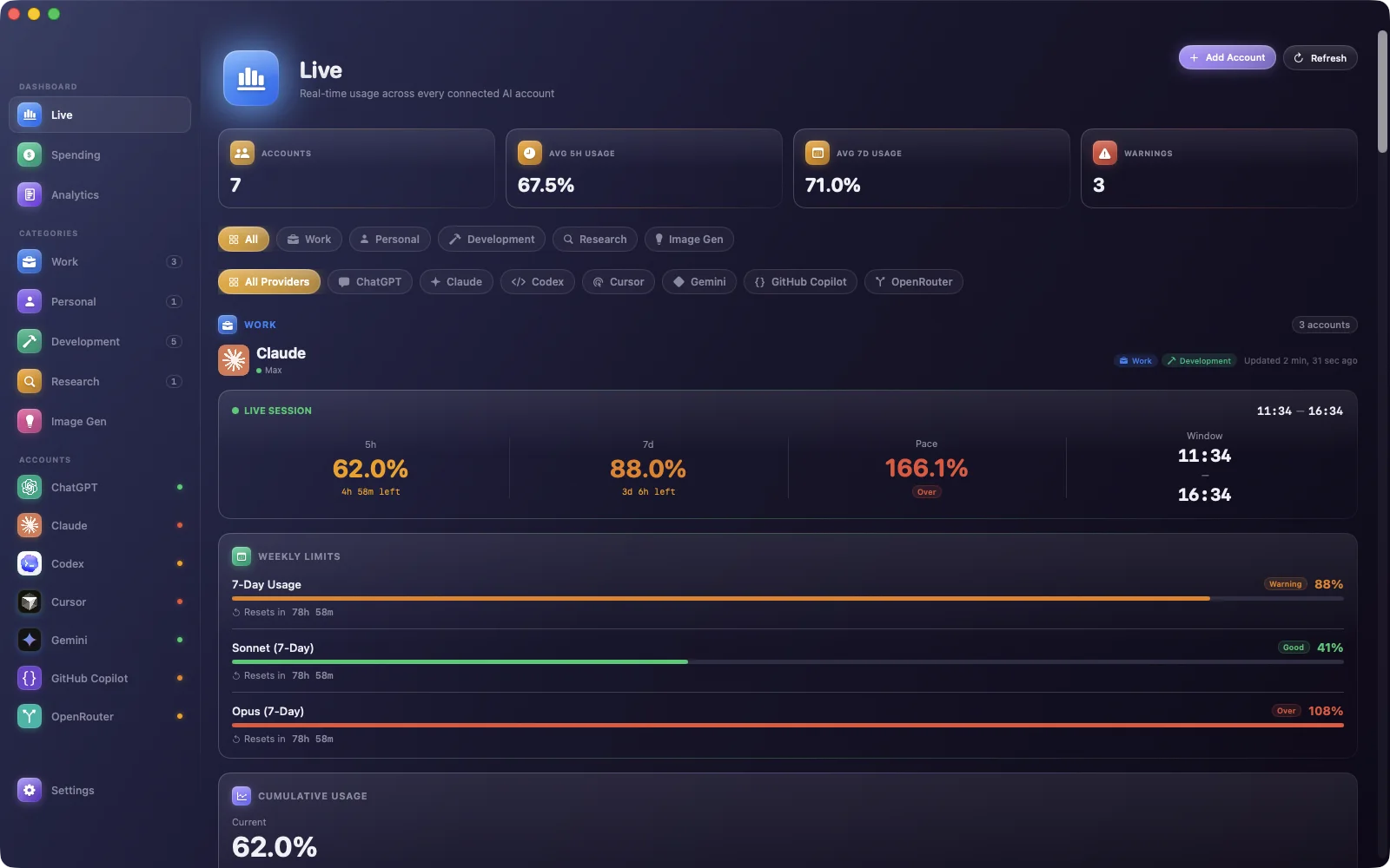 The AI Stats dashboard on the Mac, showing a Claude account with its live 5-hour session and weekly limits for Sonnet and Opus.