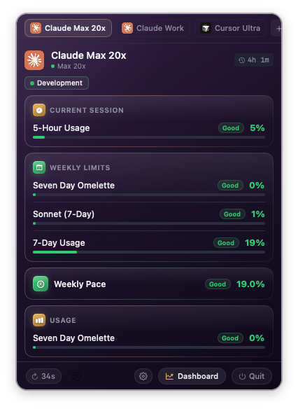 Menu bar popover showing account usage